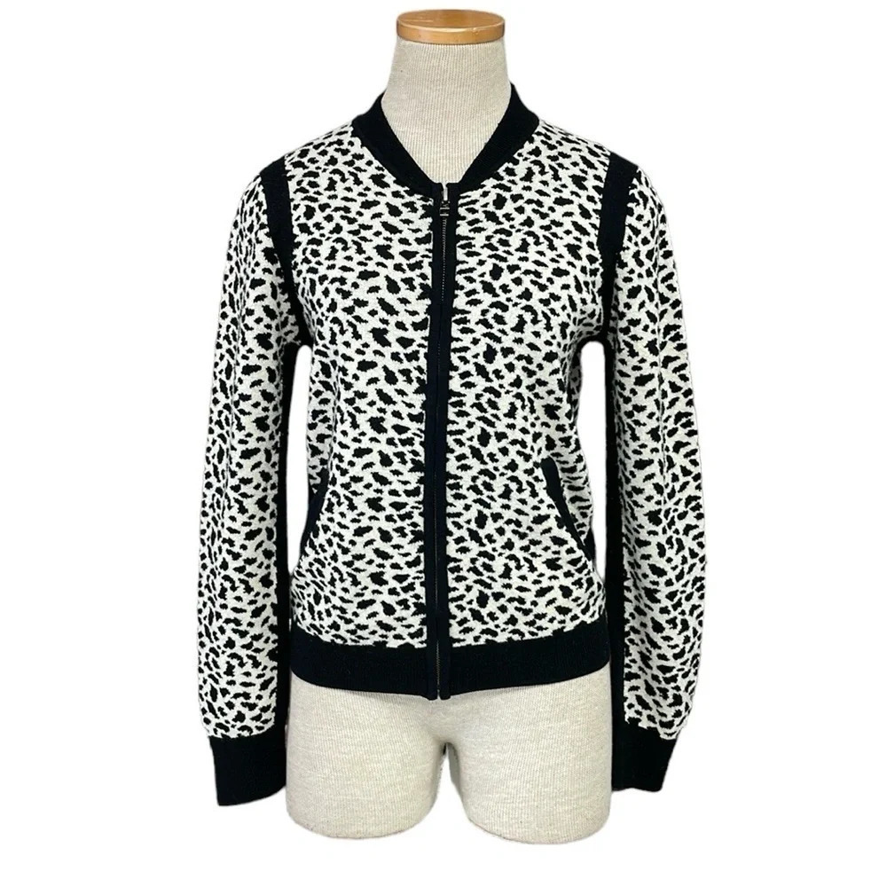 Velvet Graham Spencer Cardigan Women's S Small Black Leopard Zip Sweater